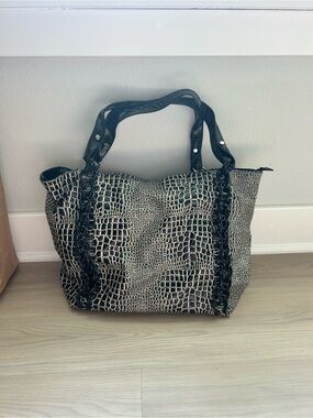 Black Croc-Print Tote Bag with Braided Chain Handles